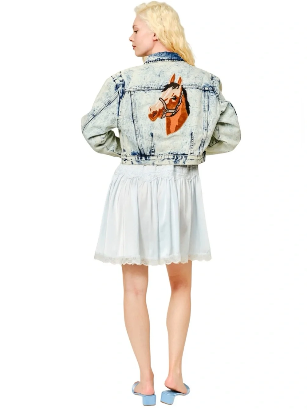 NEW Blue b Washed Denim Western Embroidered Horse Patches Western Jean Jacket - Picture 7 of 7